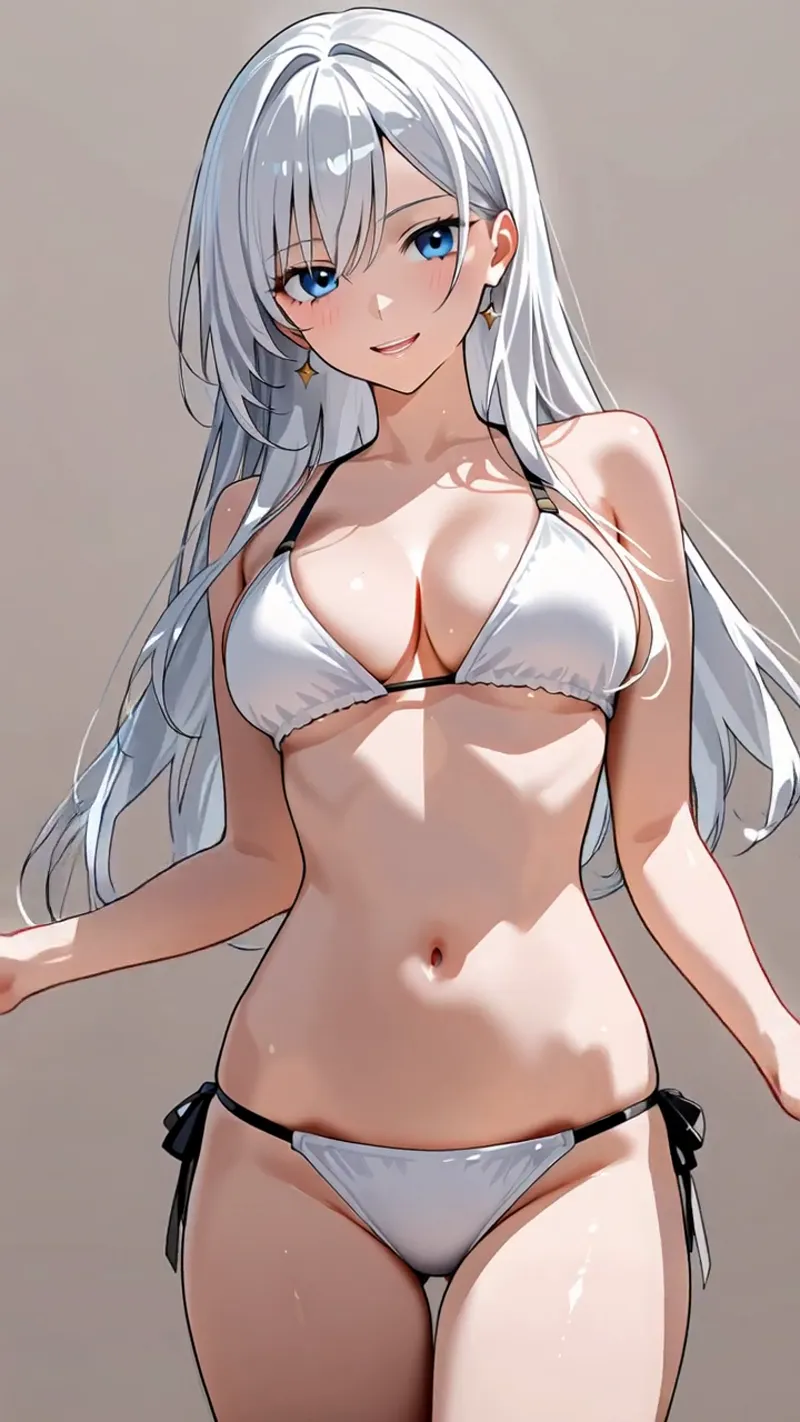 銀白色の長髪と碧い瞳が印象的なアニメ調の美少女イラスト。白とグレーのビキニを身に纏い、柔らかな光に包まれた肌の質感が丁寧に表現されています。温かみのある背景の中で、優雅な笑顔で正面を向くポートレート作品です。