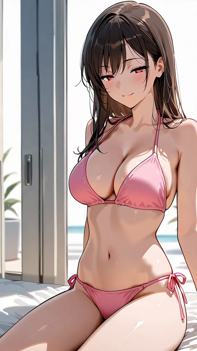 海辺のテラスで穏やかな笑顔を浮かべるアニメ調の美少女。黒髪を優しくまとめた柔らかい表情と、ピンク色の水着姿が爽やかな夏の雰囲気を醸し出しています。背景の海と白い建築が上品な空間を演出するAI生成イラストです。