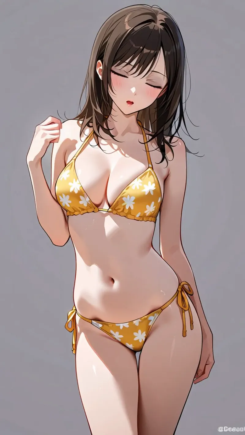 淡いグレー背景に、黒髪の美少女が静かな表情で佇むアニメ調イラストです。黄色い花柄のビキニと白いシャツを身に着けた夏らしい装いが、柔らかい光の表現とともに描かれています。