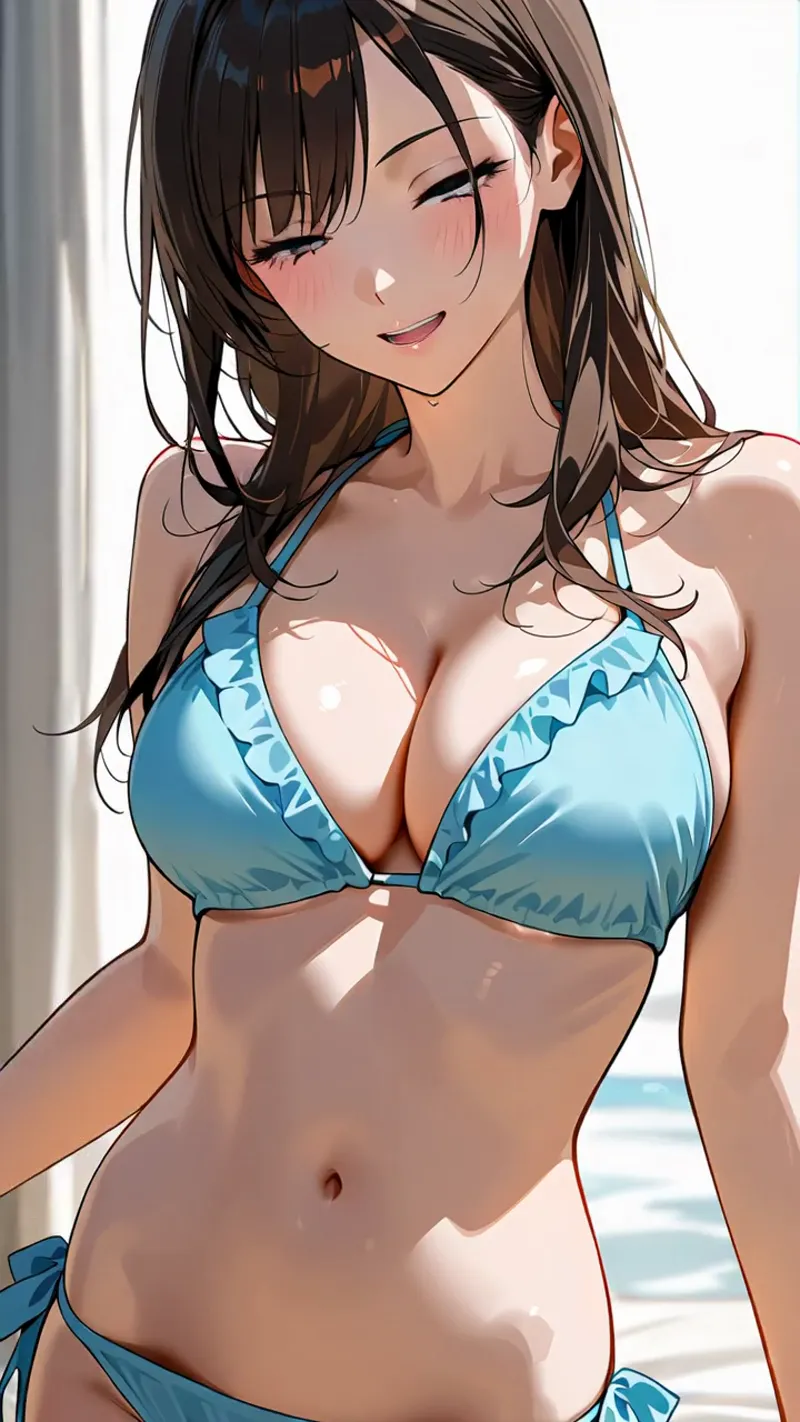 黒髪の美少女がビーチで爽やかな笑顔を浮かべるアニメ調イラスト。青のフリル付きビキニを身につけ、自然光に照らされた肌の質感が丁寧に描写されています。