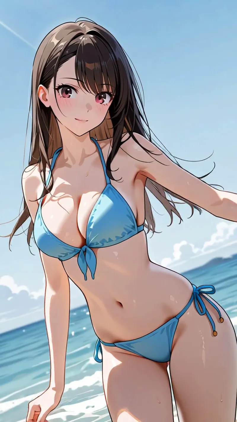澄んだ青空と海を背景に、青いビキニを身につけた長髪の美少女が爽やかな笑顔を浮かべています。アニメ調のイラストで、夏の海での優雅なポートレート作品です。