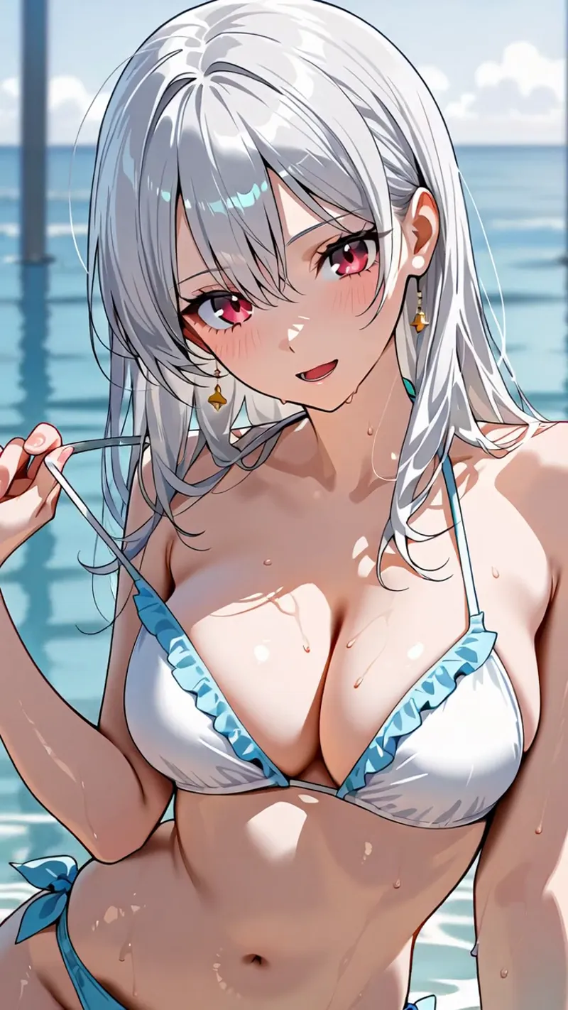海を背景にした爽やかなシーンで、銀髪に赤紫色の瞳が印象的な美少女が微笑んでいます。白と青の爽やかな水着姿で、光が当たった肌と髪の質感が丁寧に描写されたアニメ調イラストです。