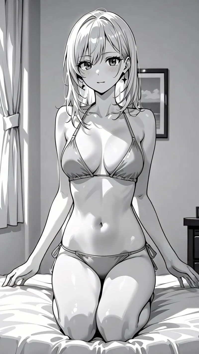 柔らかい白髪と優しい瞳が印象的なアニメ調の女性が、モノトーンの寝室で穏やかな表情を浮かべています。光と影の豊かな表現が、落ち着いた雰囲気のポートレートイラストです。