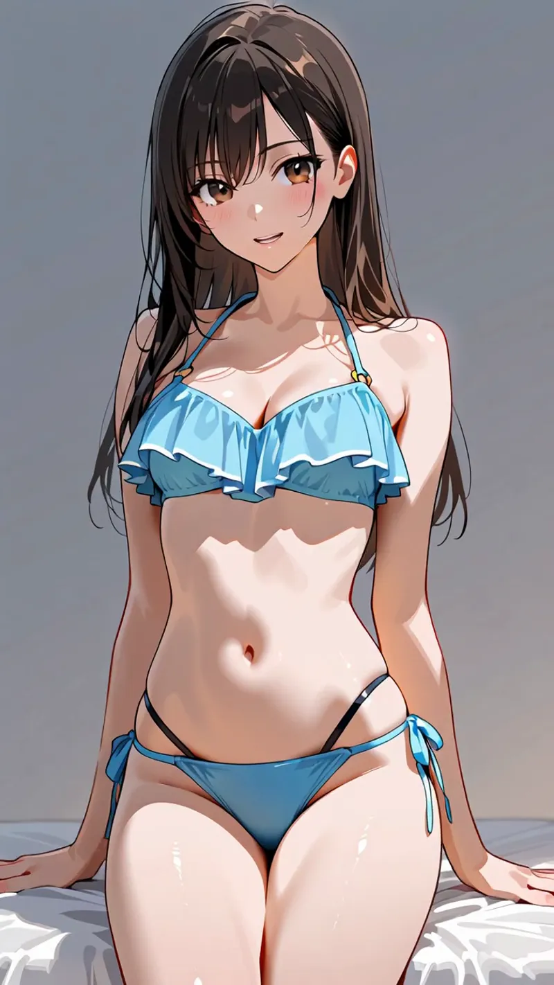黒髪ロングと金色の瞳が印象的な美少女が、青いビキニで微笑みながら画面を向いています。落ち着いた灰色背景に映える爽やかなアニメ調のイラストです。