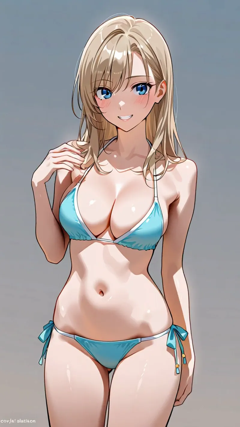 明るい表情と流れるような薄茶色の長髪が特徴的な美少女イラスト。青いビキニを身につけた爽やかなポートレート作品で、アニメ調の瞳と穏やかな笑顔が印象的です。