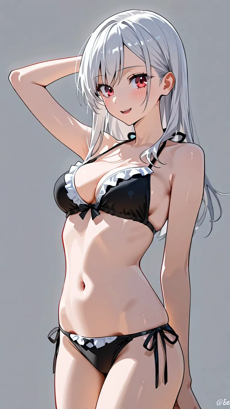 銀色の長髪をなびかせ、赤紫の瞳で優雅に微笑む美少女のアニメ調イラストです。黒と白を基調としたメイド風衣装を身にまとい、落ち着いた灰色背景の中で上品な佇まいを見せています。