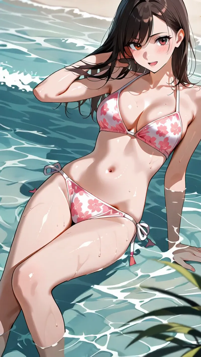 透明感のある水中を背景に、赤い花柄ビキニを身につけた黒髪の少女がカメラに向かって微笑みかけています。光が水面で揺らめき、湿り感のある肌の質感が丁寧に描かれたアニメ調イラストです。