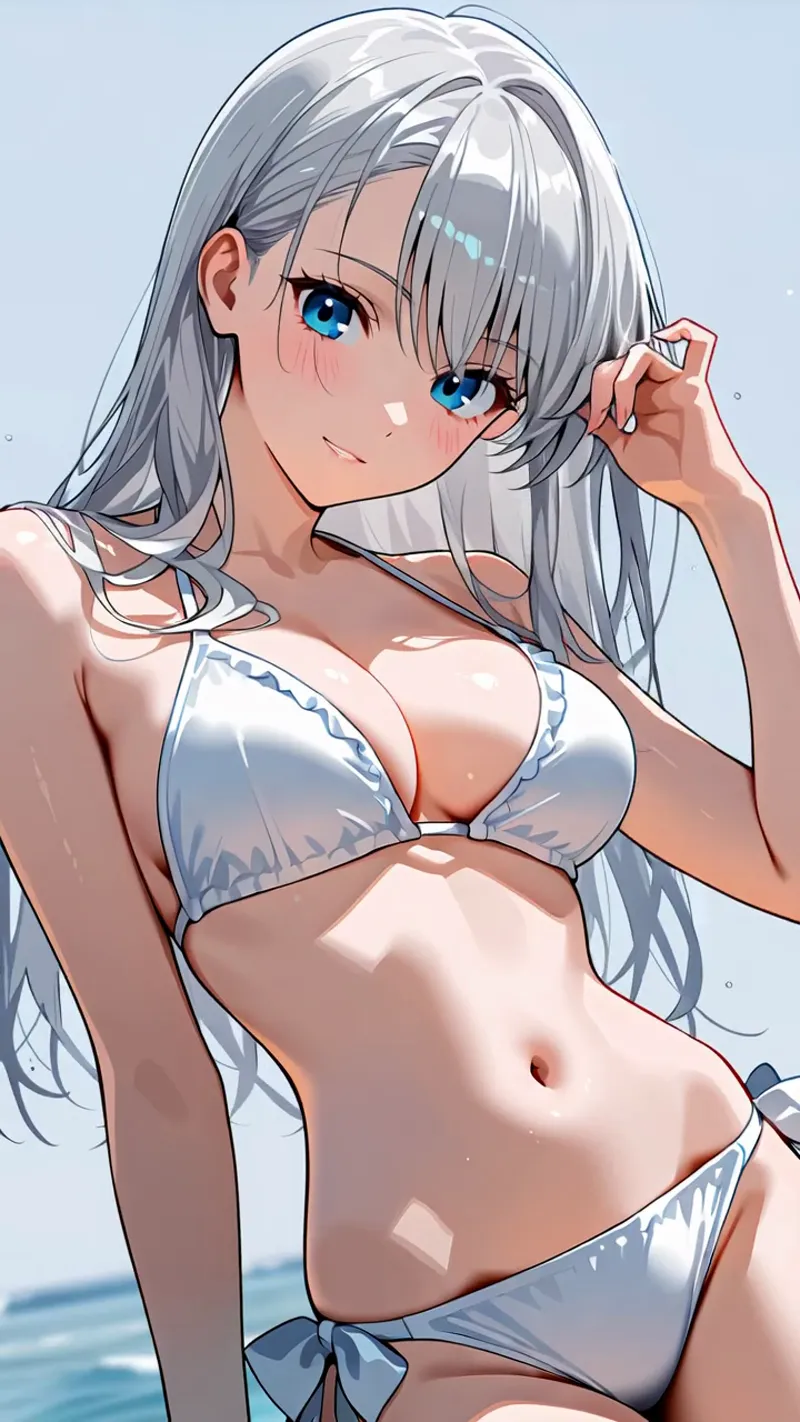 透き通るような青い瞳と流れるような銀髪が印象的な、アニメ調の美少女イラストです。爽やかな海を背景に、柔らかい日差しに包まれた自然な笑顔が魅力的な一枚。