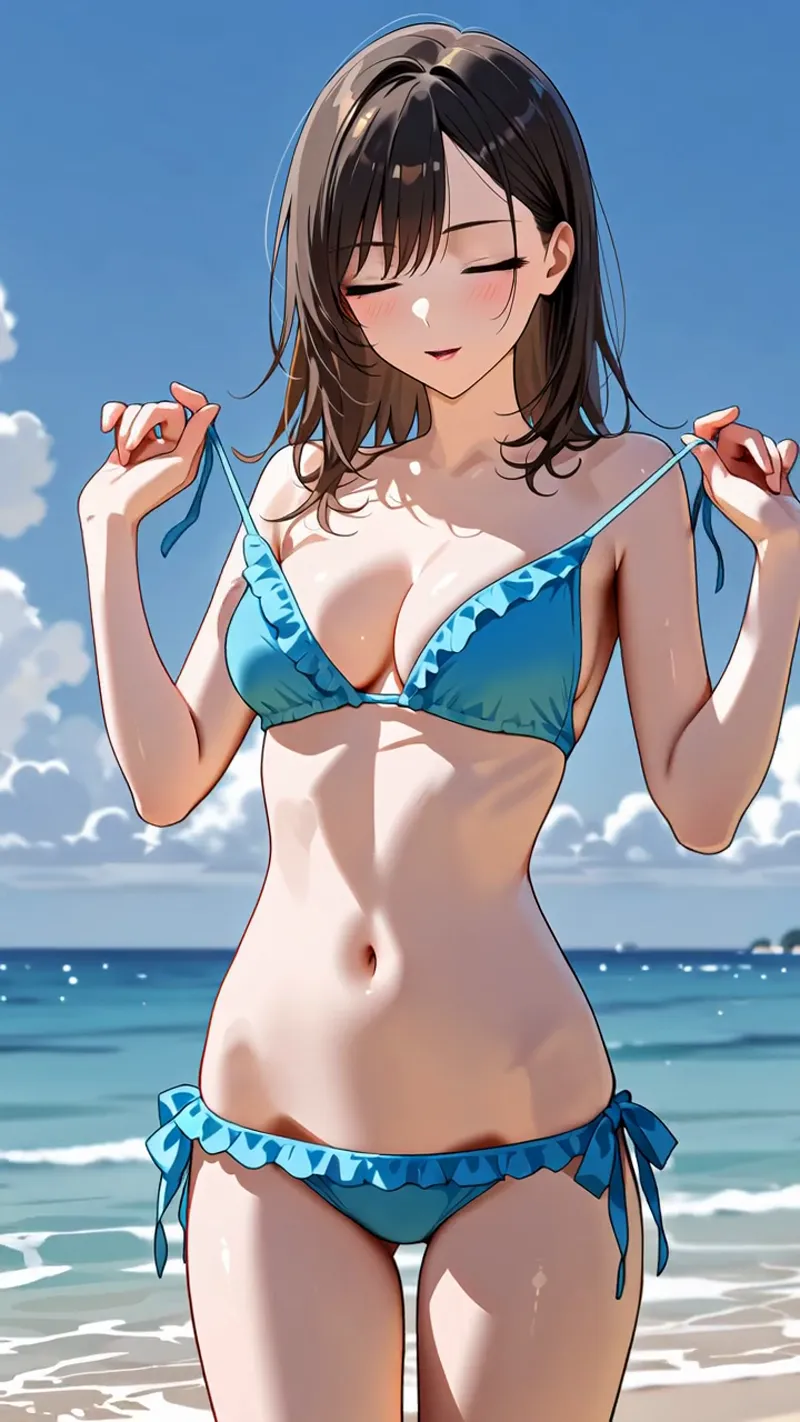 澄み渡る青空と波打つ海を背景に、黒髪の少女が青いフリル付きビキニで静かに立つアニメ調のイラストです。穏やかな表情と優雅なポーズが夏の情景を引き立てています。