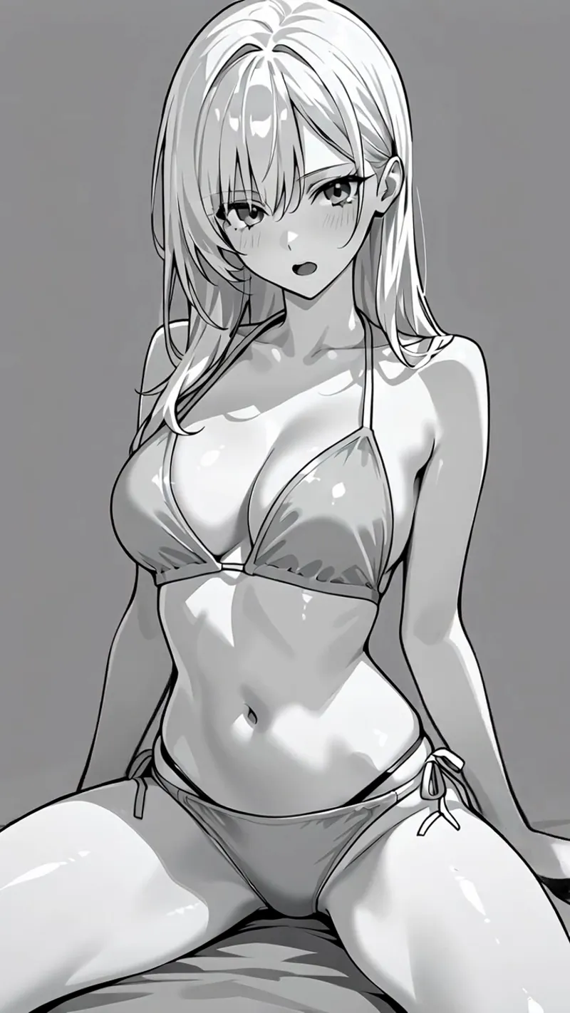 柔らかなグレートーンで描かれた、透明感のある白髪ロングヘアの美少女イラストです。整った顔立ちと瞳の輝きが印象的で、洗練されたアニメ調の描写が特徴です。