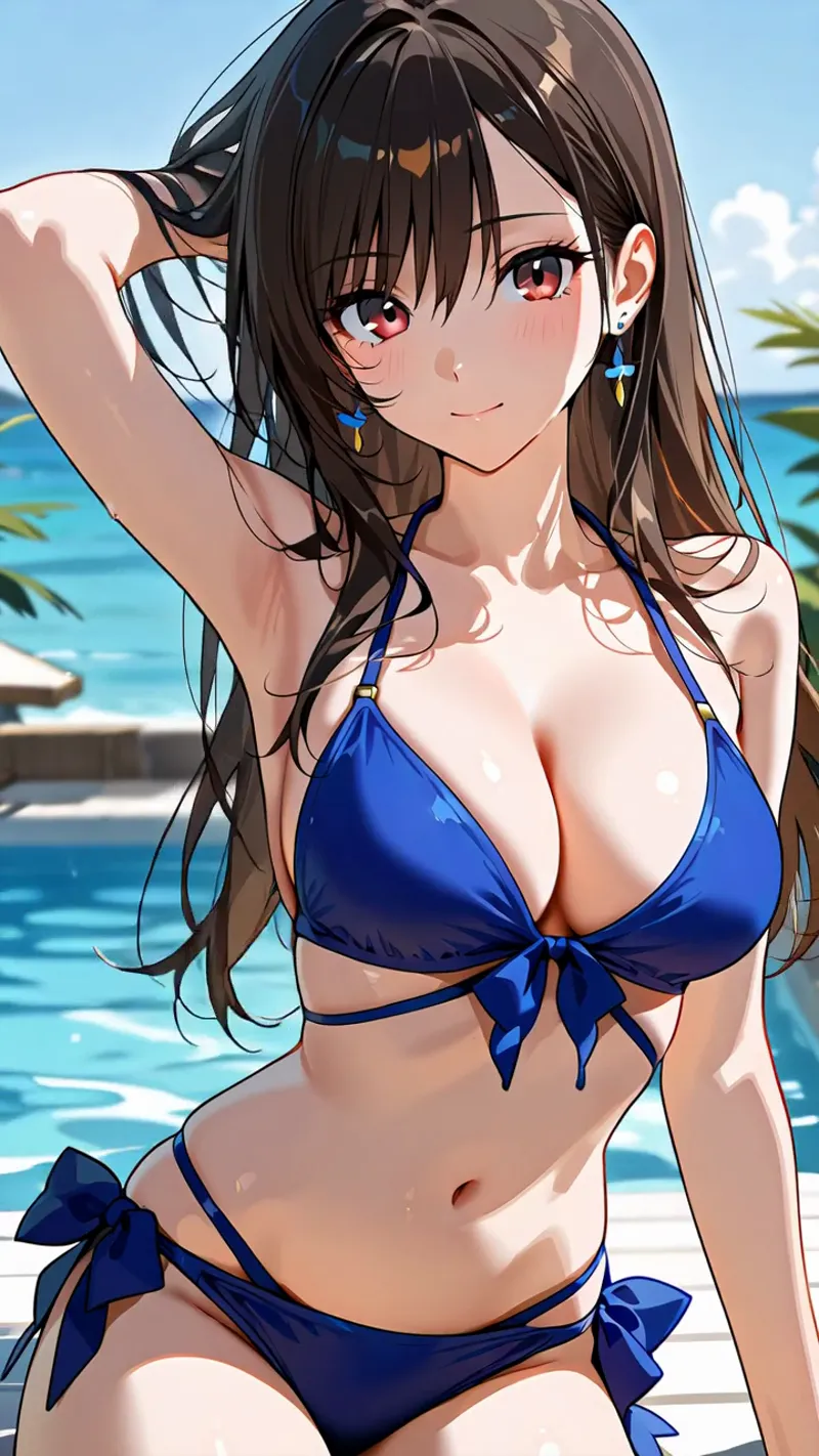 澄んだ赤い瞳と黒髪、青いビキニを身につけた少女が、南国の海辺でリラックスしたポーズを見せています。背景には波打つ海と椰子の葉が映り、夏の日差しが肌を優しく照らす爽やかなポートレート作品です。