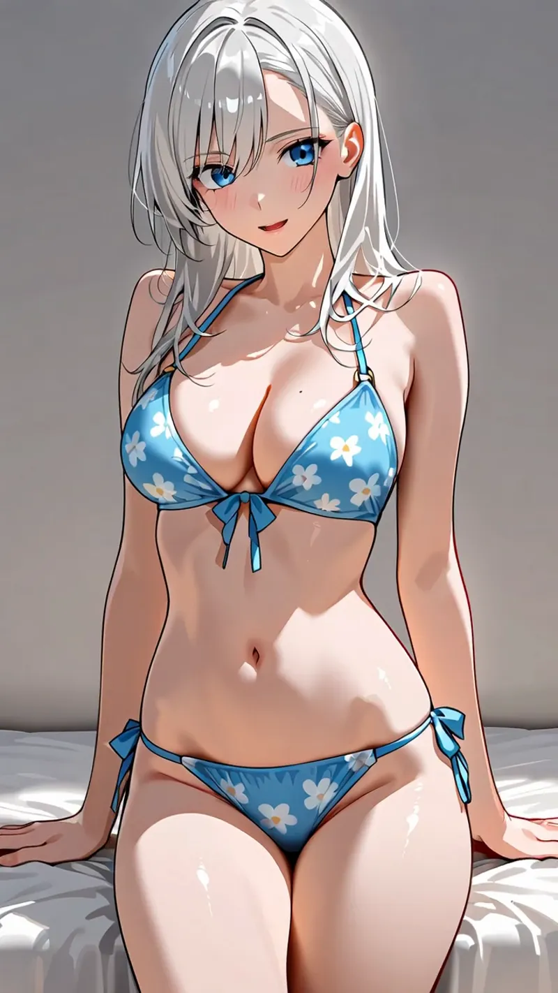 青い瞳と銀色の長い髪を持つ美少女が、白いデイジー柄のビキニを身につけ、柔らかい光の中で優雅に佇んでいます。アニメ調のイラストとして丁寧に描かれた表情と色彩が特徴です。