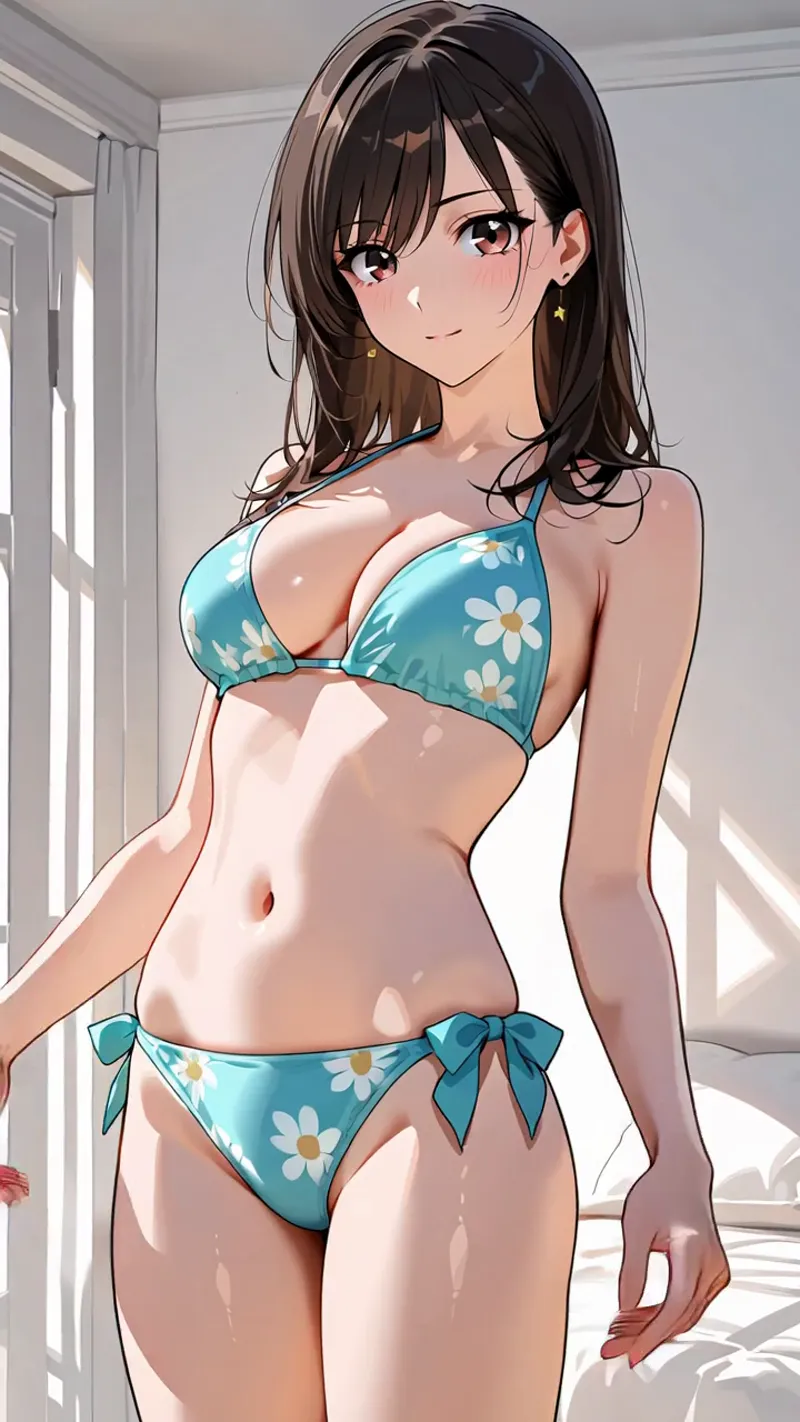 爽やかな水色の花柄ビキニを身につけた黒髪の美少女が、明るい室内でリラックスした表情を見せるアニメ調イラストです。自然な光と清潔感のある背景が魅力的なポートレート作品。