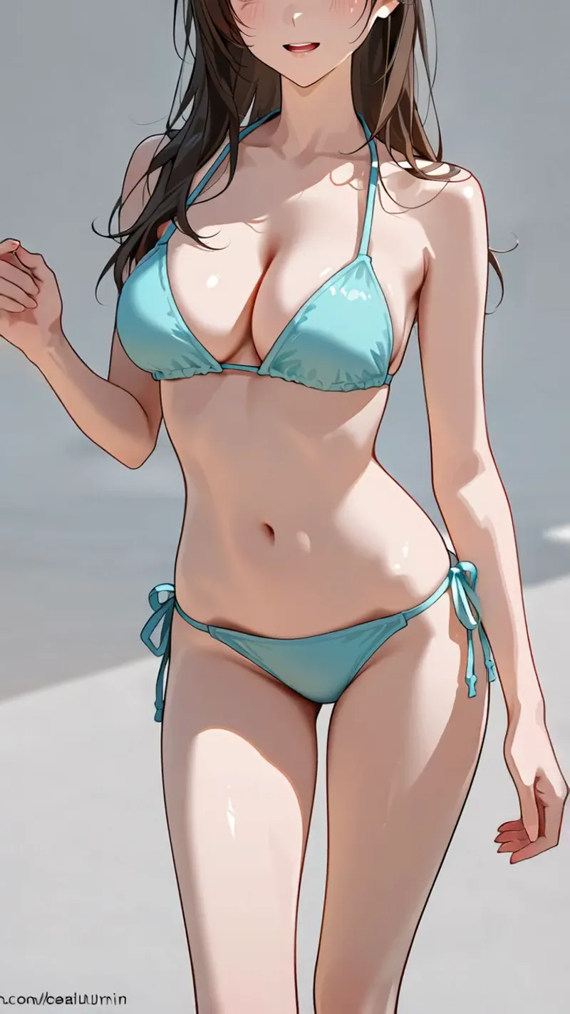 鮮やかなターコイズブルーのビキニを身につけた少女が、柔らかい逆光の中で微笑む姿を描いたアニメ調イラスト。長い茶色い髪と明るい表情が爽やかな夏のムードを引き出しています。