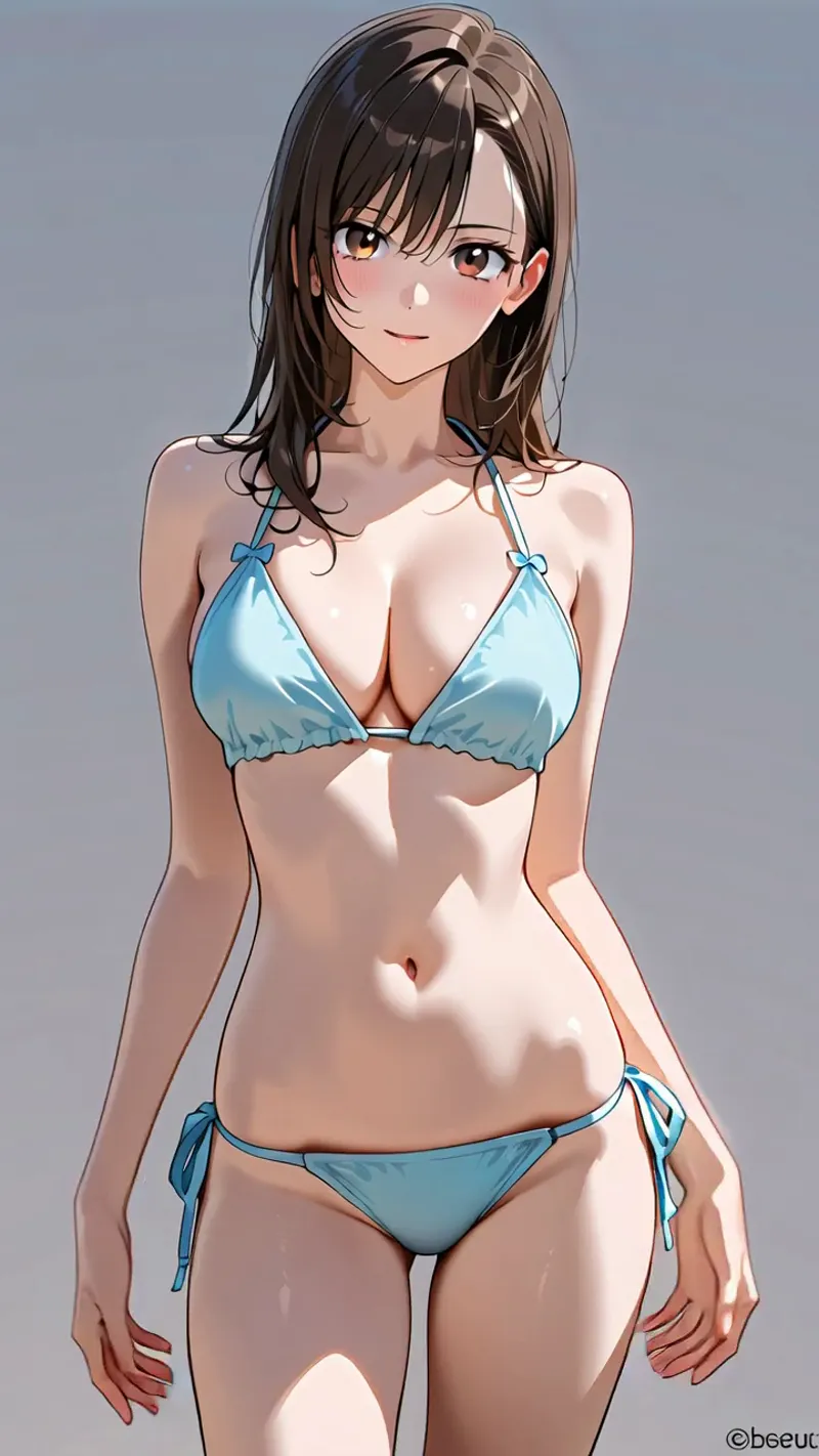 淡い紫灰色の背景に映える、紺青のビキニを身に着けた美少女のアニメ調イラストです。ウェーブした黒髪と柔らかな表情が魅力的で、光と影が立体的に描かれた肌の質感が印象的です。