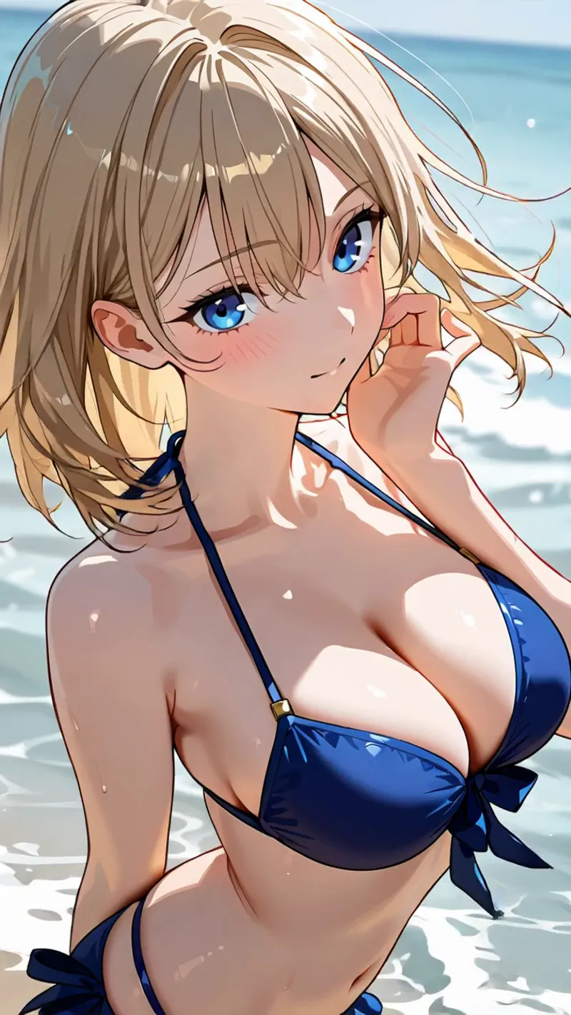 青い瞳と柔らかな金髪が印象的な美少女のイラストです。海岸の波打ち際を背景に、紺色の水着姿で優しく微笑む表情が特徴で、爽やかな夏の雰囲気が表現されています。