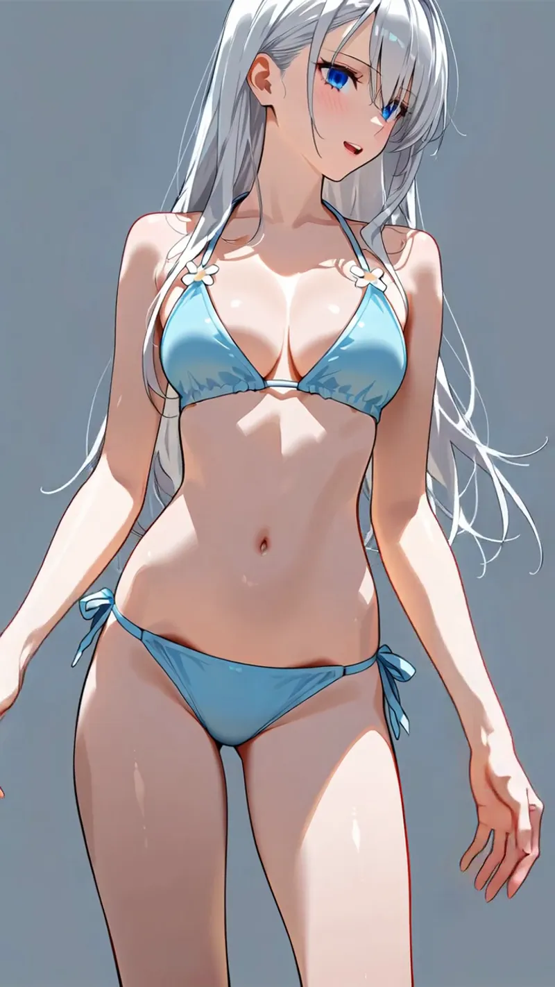 澄んだ青い瞳が印象的な銀髪の美少女が、爽やかなブルーのビキニで夏らしいポートレートを披露しています。柔らかな陰影とグラデーション背景が、アニメ調イラストの魅力を引き立てています。
