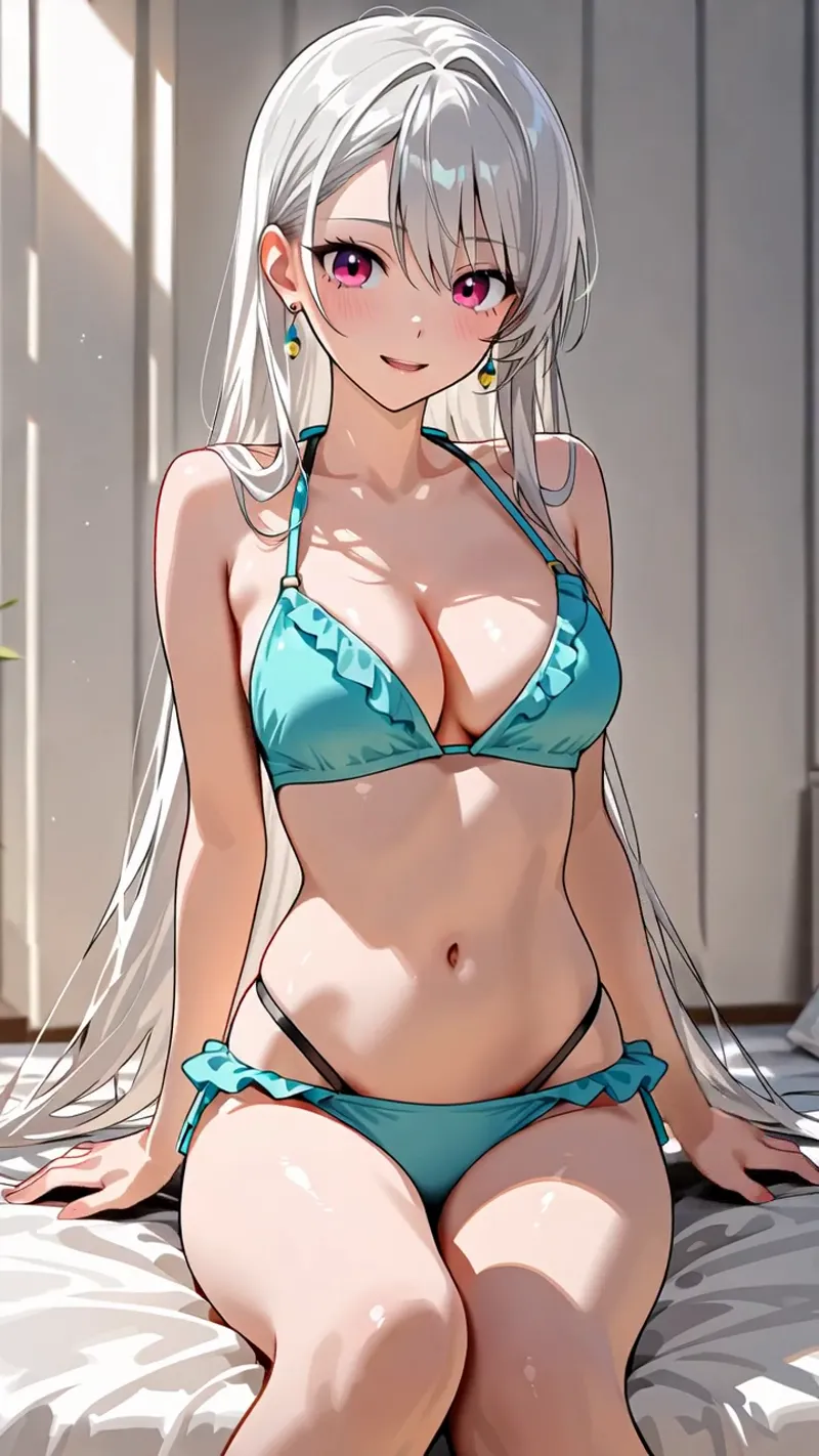 銀白色のロングヘアと鮮やかなピンク色の瞳が印象的な美少女です。ターコイズブルーのビキニ姿で、窓からの柔らかな光が肌に優しく当たる室内で、優雅な表情を見せています。