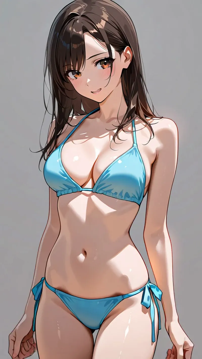 茶色い長髪に前髪のある少女が、青いビキニ姿で左斜め向きのポーズを取るアニメ調ポートレートです。柔らかなグラデーション背景で、清潔感のある肌表現と光の当たり具合が丁寧に描写されています。