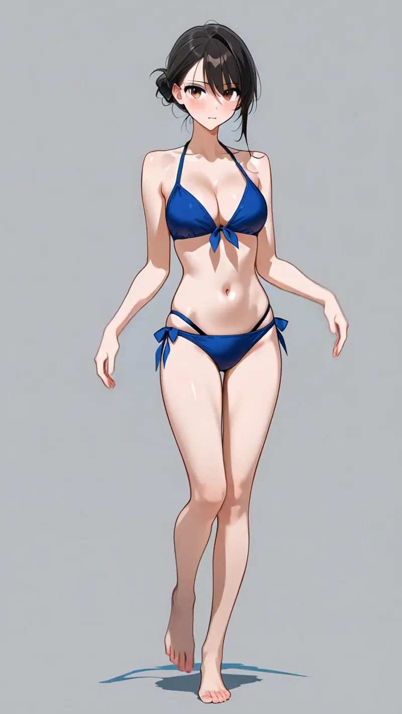 黒髪を優雅にまとめた美少女が、紺色のビキニを身に纏った全身ポートレートです。落ち着いた灰色背景に、清潔感のあるアニメ調タッチで描かれています。