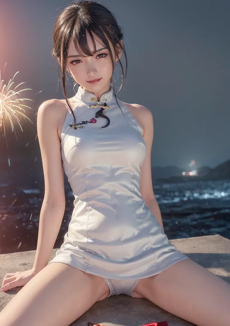夜景の海岸で花火が上がる中、白いチャイナドレスを身に纏った美少女が清廉な表情で佇んでいます。夏祭りの情緒的な雰囲気の中、柔らかな光に包まれた優雅なアニメ調イラストです。