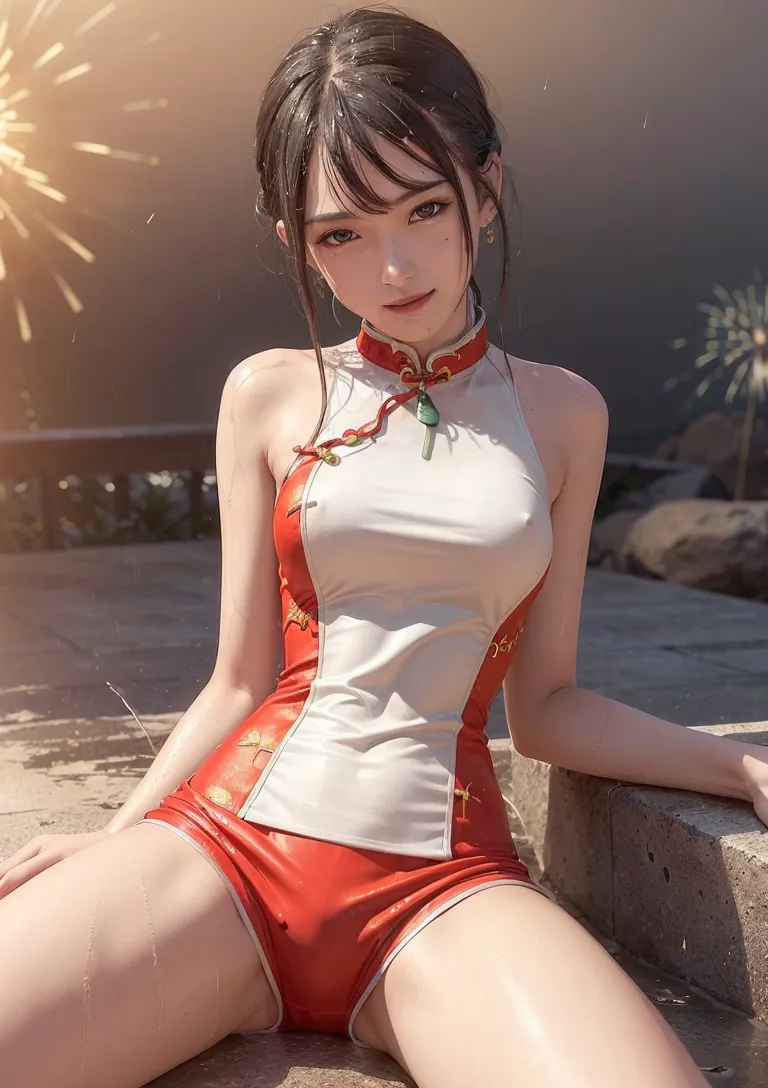 白と赤のチャイナドレスを優雅に着こなす黒髪の少女が、夕焼けに照らされた庭園でにこやかに微笑んでいます。金色の装飾が施された衣装と柔らかい夕光が、和風の雰囲気を一層引き立てています。