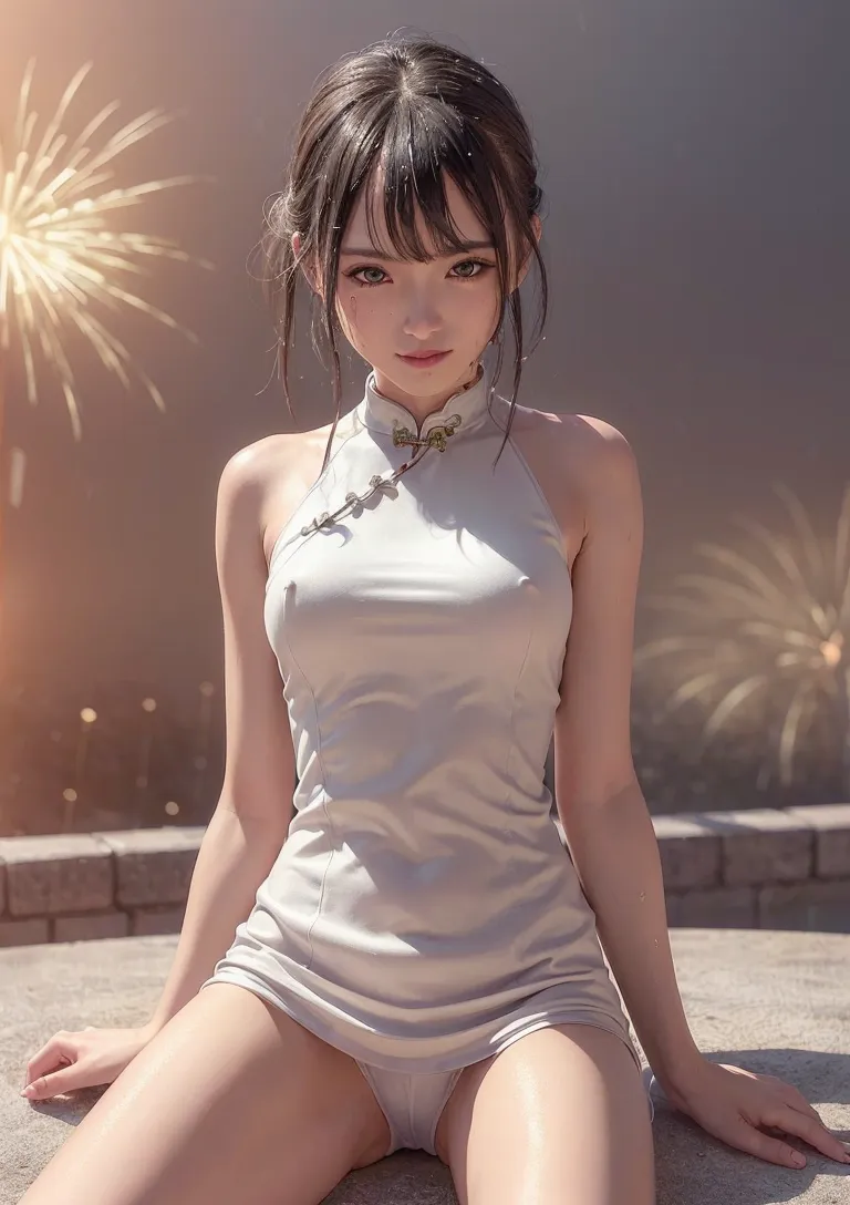 白いハーネス風チャイナドレスを身に纏った黒髪の美少女が、金色の花火が輝く夜景を背に佇む。うつむき加減の柔らかな表情と、光と影が織り交ぜる古典的な美しさが印象的なポートレートです。