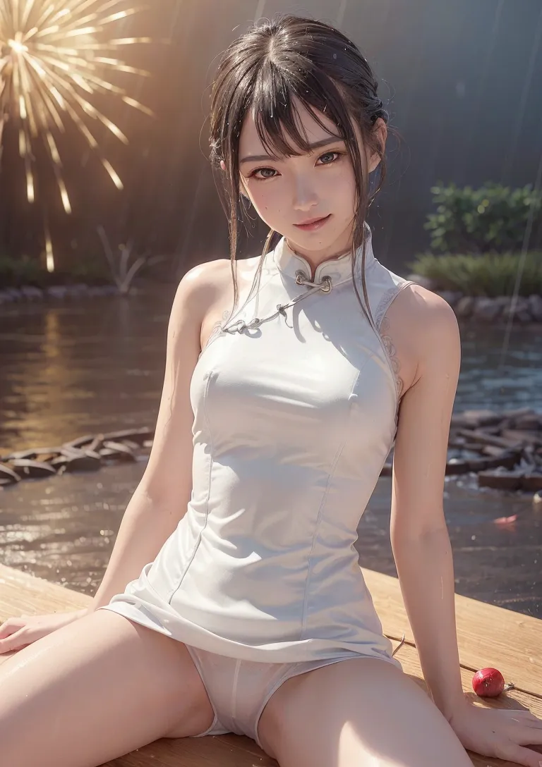 水辺で花火を眺める美少女のポートレート。白いチャイナドレスに身を包み、静かな表情で夜の光に包まれた情景を映したアニメ調イラストです。