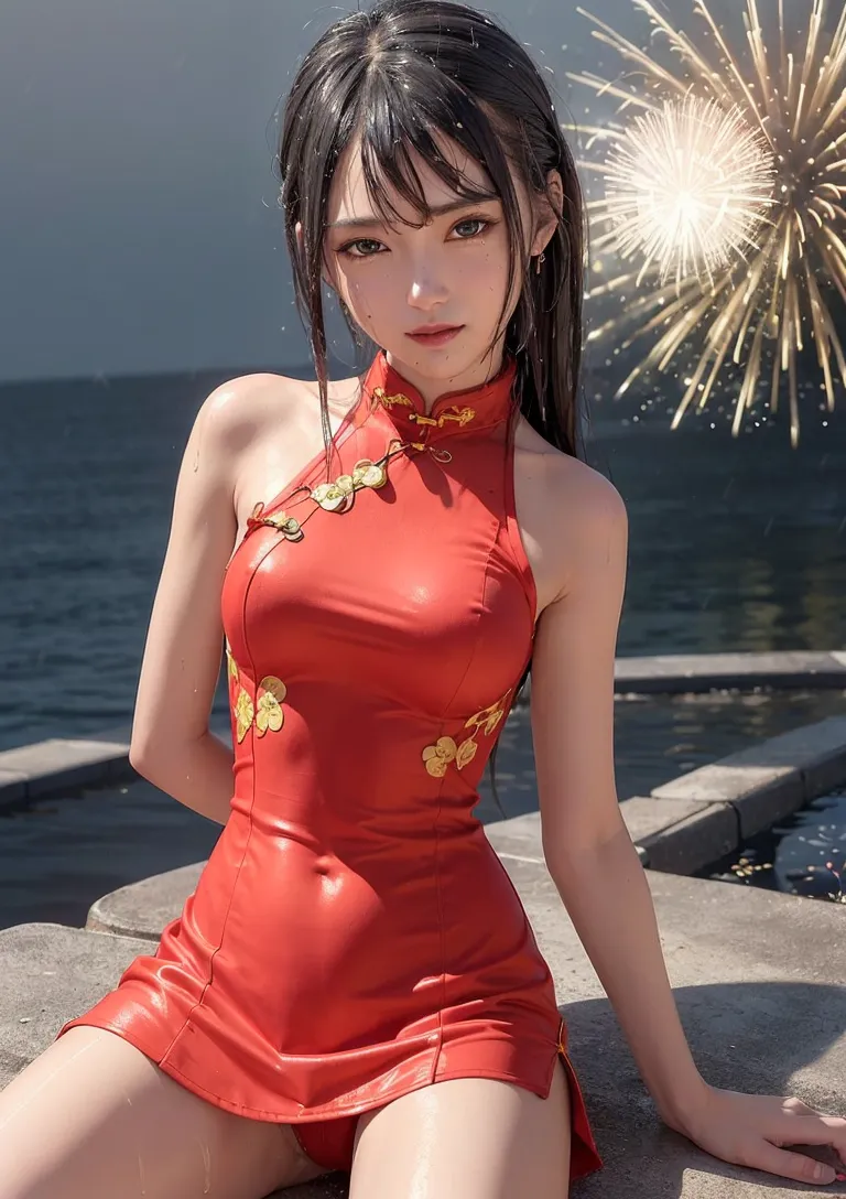 海を背景に赤いチャイナドレスを身にまとった美少女が、金色の花火が夜空に咲く中、穏やかなまなざしで佇んでいます。正月の神秘的な雰囲気が漂う一枚です。