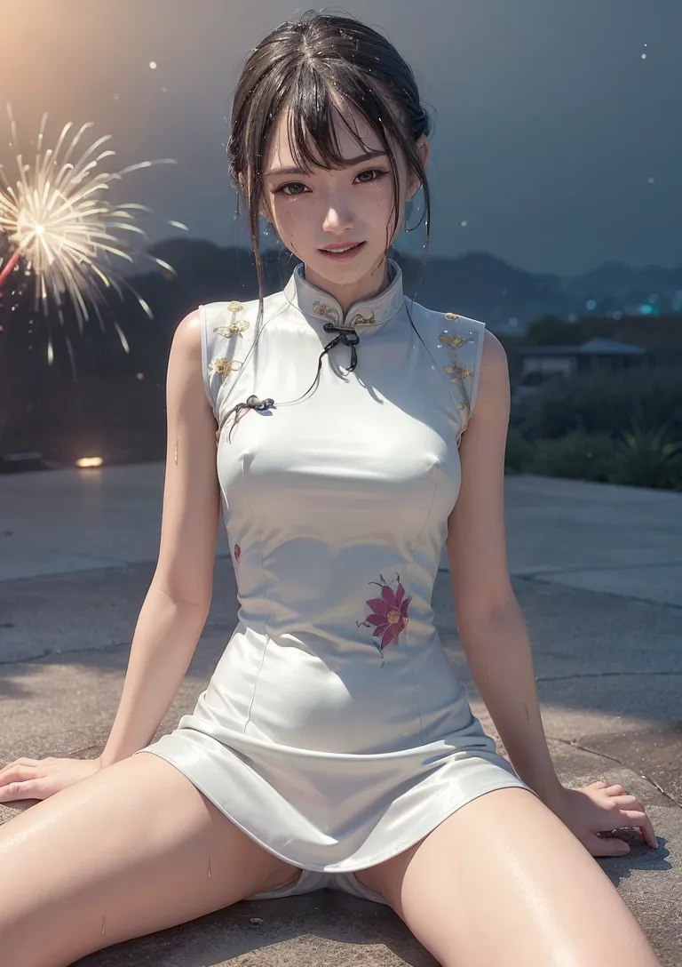 夜間の屋外で花火を背に佇む、白い旗袍姿の女性を捉えたポートレート。古典的な東洋風の衣装に花の刺繍が施され、夜景と花火の光が柔らかく肌を照らしています。清楚な笑顔と優雅な雰囲気が印象的です。