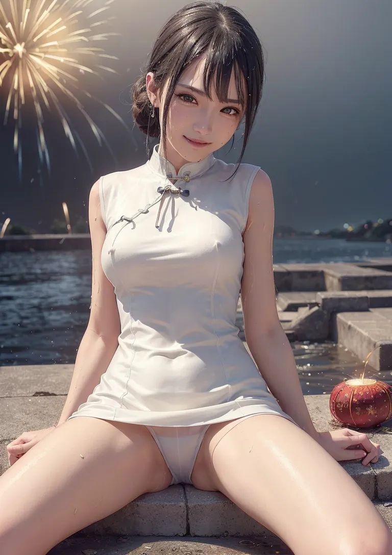 黒髪のポニーテールが優雅な美少女が、白いチャイナドレス姿で港の埠頭に佇む夜景ポートレート。背景の花火と海の光が柔らかく雰囲気を演出する、清楚で洗練されたアニメ調イラストです。