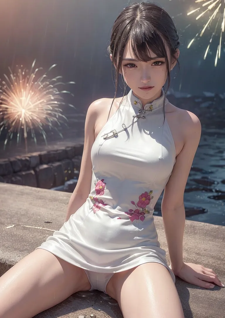 花火が打ち上がる夜空の下、海辺の岩場で白いドレスを身にまとう少女のポートレート。ピンクの花柄が施されたドレスと、金色に輝く花火のコントラストが美しく、儚い雰囲気が漂う一枚です。