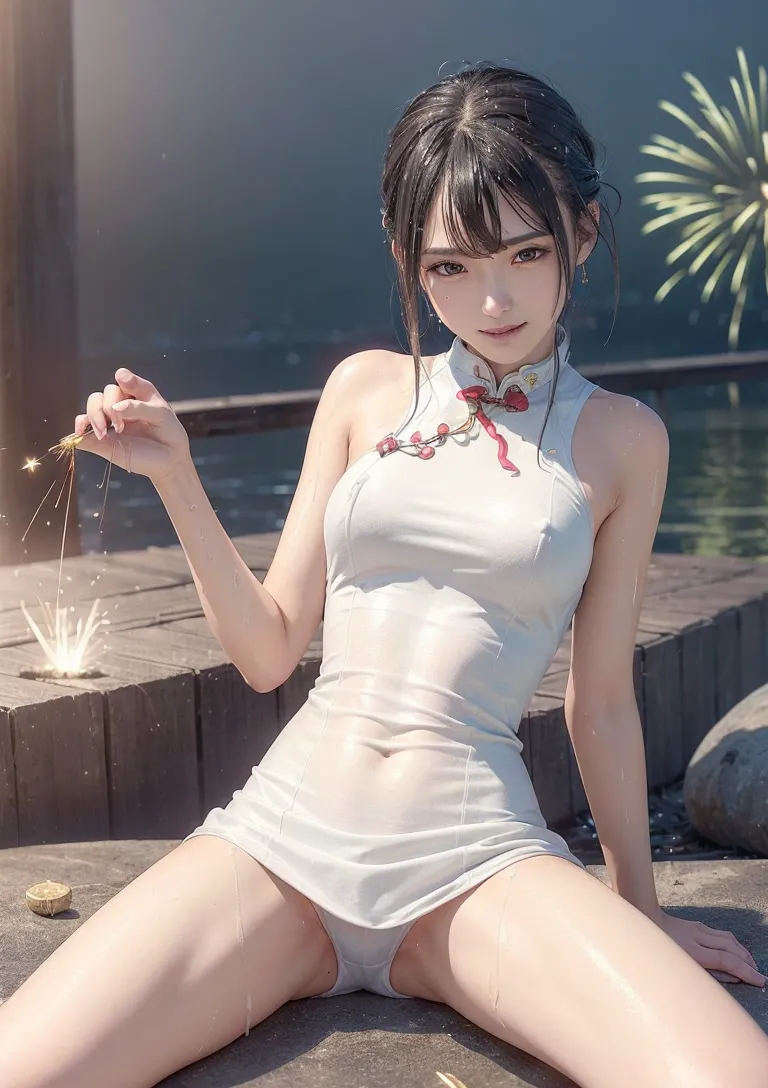 港町の夜景を背景に、白く上品なチャイナドレスを身に纏った美少女が手に花火を持ち、優雅な笑顔を見せるポートレート。夏の夜のロマンチックな情景が表現されています。