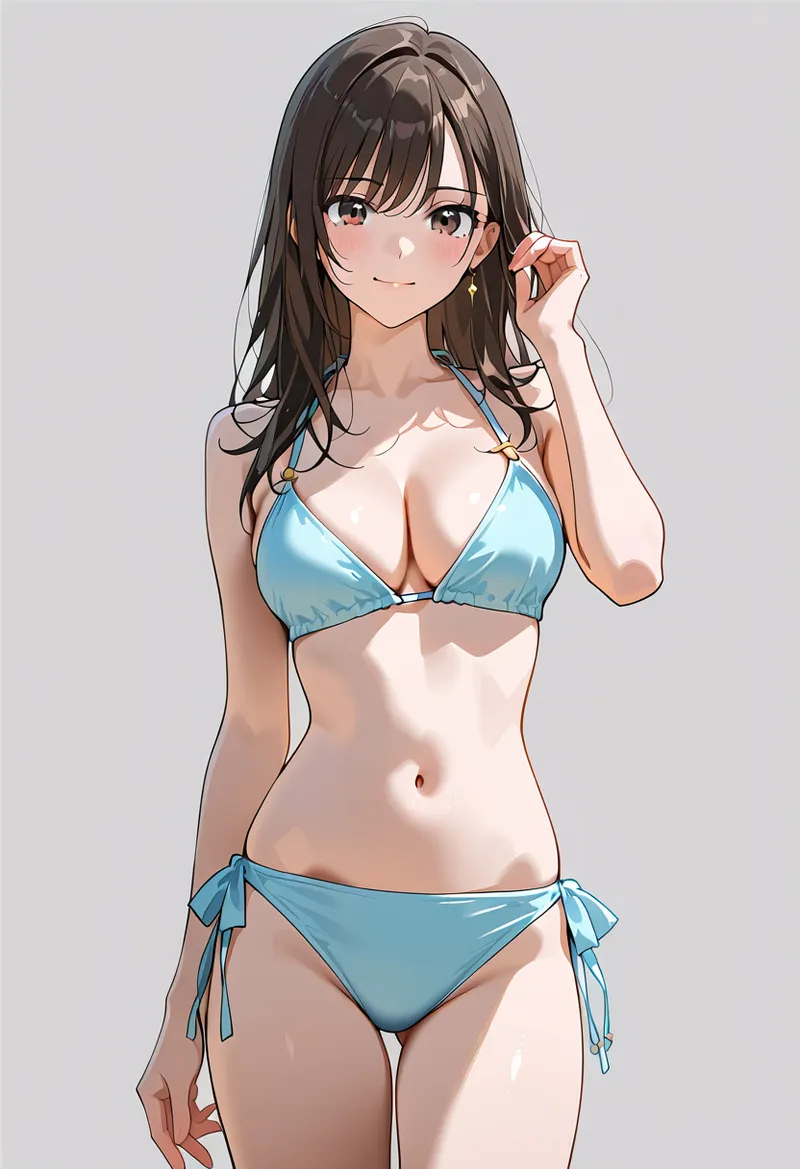 黒髪のロングヘアと優しい表情が魅力の美少女イラストです。爽やかな水色のビキニを身に纏い、自信に満ちた笑顔でポーズを取る夏らしいアニメ調ポートレートになっています。
