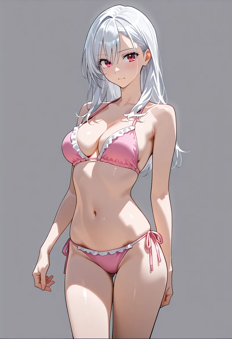 淡いピンクの装いに身を包んだ銀髪の美少女が、冷静で上品な表情で佇むアニメ調イラストです。流れるような長髪と神秘的な赤い瞳が、洗練された雰囲気を演出しています。