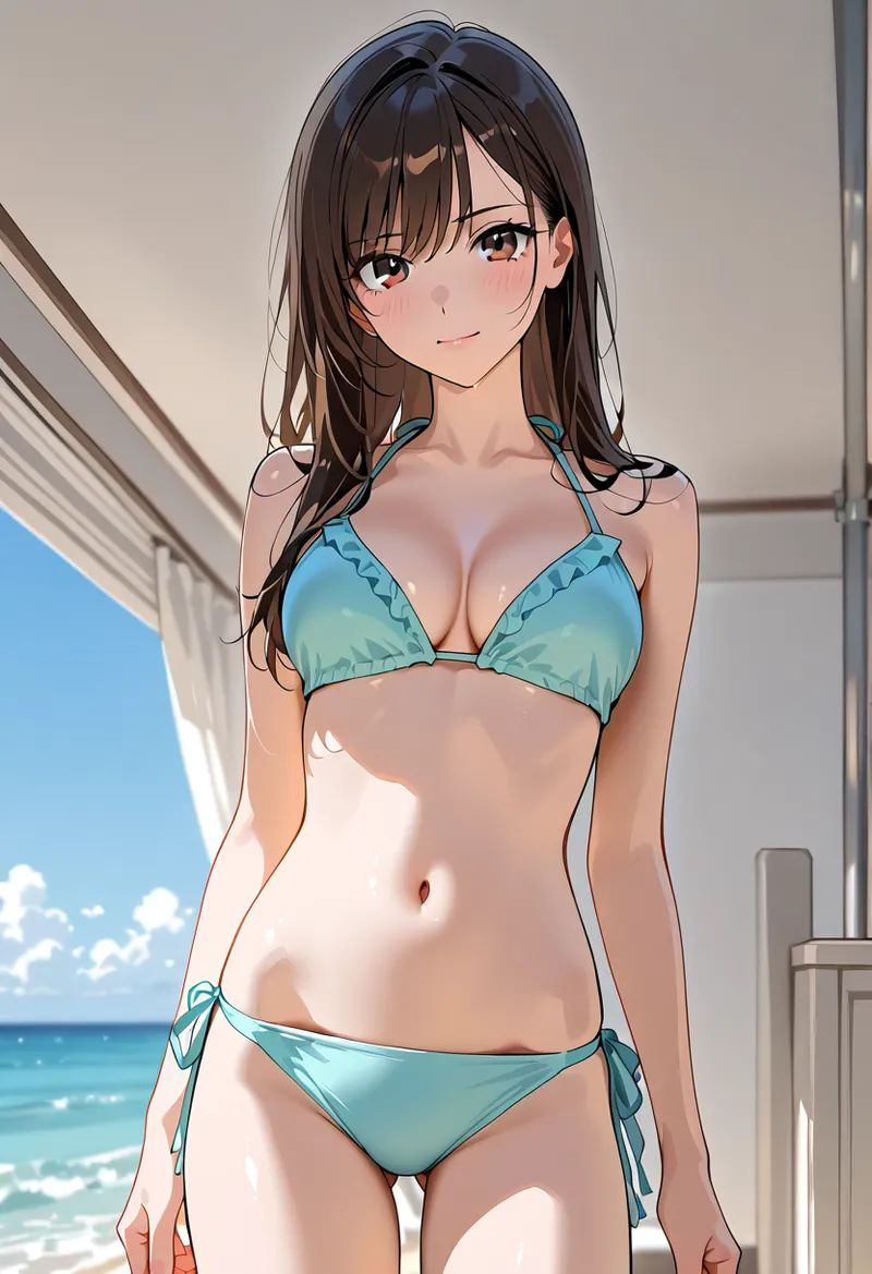 紺髪の少女が水色のリゾート水着姿で、窓から見える青い海と空を背景に優しく微笑んでいます。清涼感のあるアニメ調のイラストで、夏の空気感が伝わる作品です。