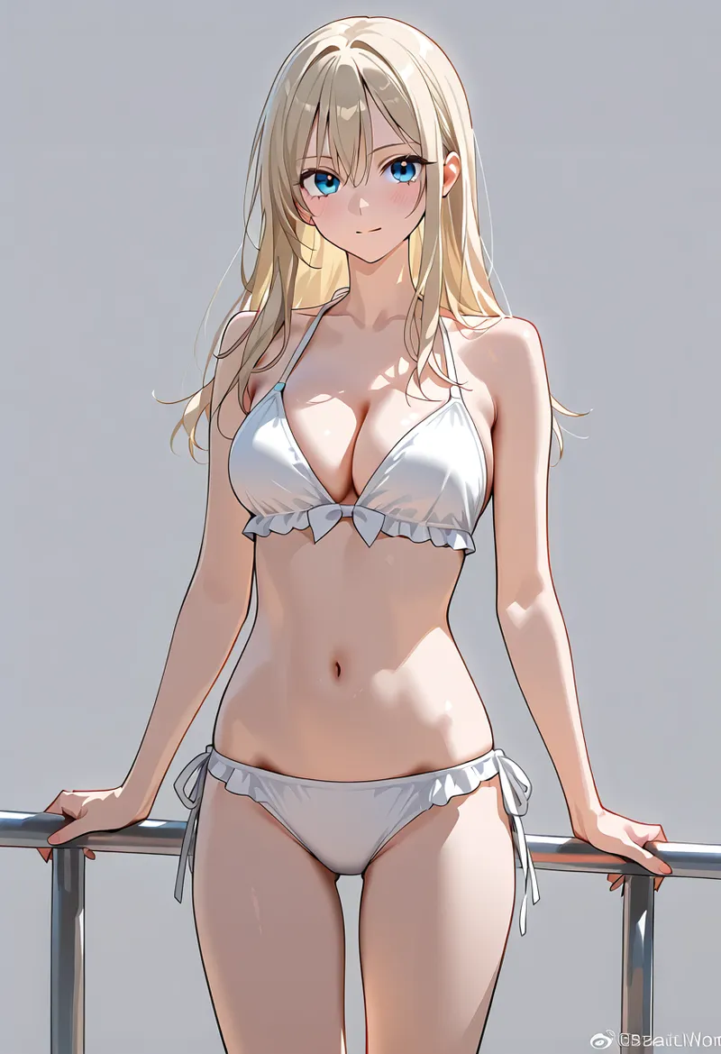 薄色のビキニ水着を身につけた美少女が、柵に寄りかかりながら上品な表情で見つめる夏のポートレート。柔らかいアニメ調の描写で、清潔感のある印象が特徴です。