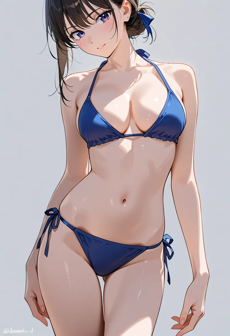 清涼感あふれる夏らしい紫紺の水着を身にまとった美少女のポートレートイラストです。横顔の柔らかな表情と立体的な陰影表現が、アニメ調のリアル感を引き立てています。
