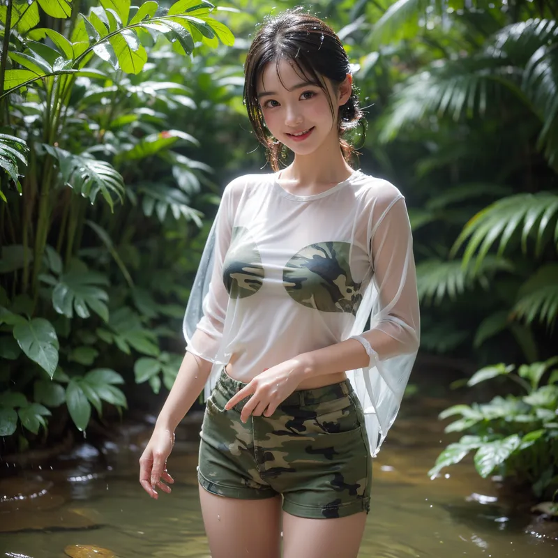 白いシャツにカモフラージュ柄ショートパンツを合わせた美少女が、豊かな緑に囲まれた清流のほとりで爽やかな表情を浮かべています。自然光に包まれた屋外での優雅なポートレート作品です。
