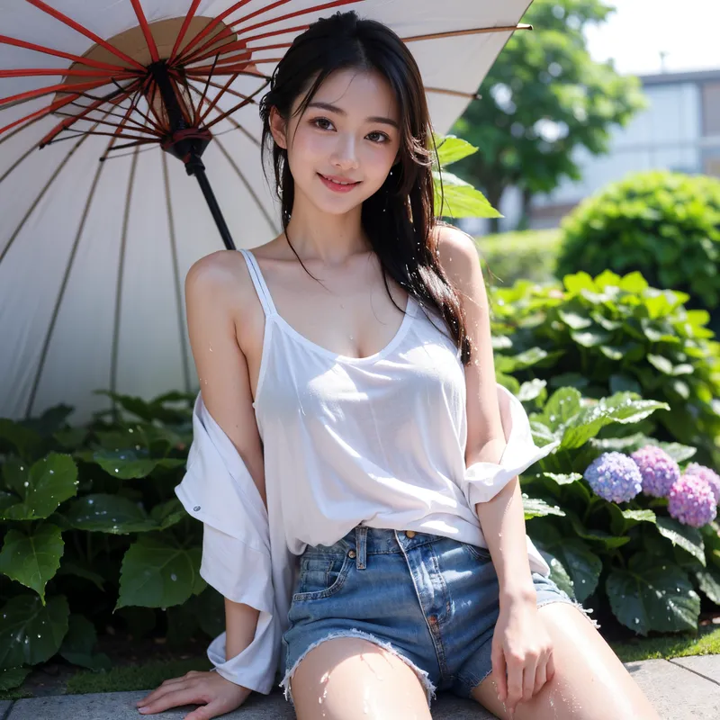 白いキャミソールと短いデニムで、赤い和傘を持ちながら笑顔を見せるAI生成美少女。紫陽花が咲く緑あふれる庭園を背景に、清涼感あふれる夏の屋外ショット。