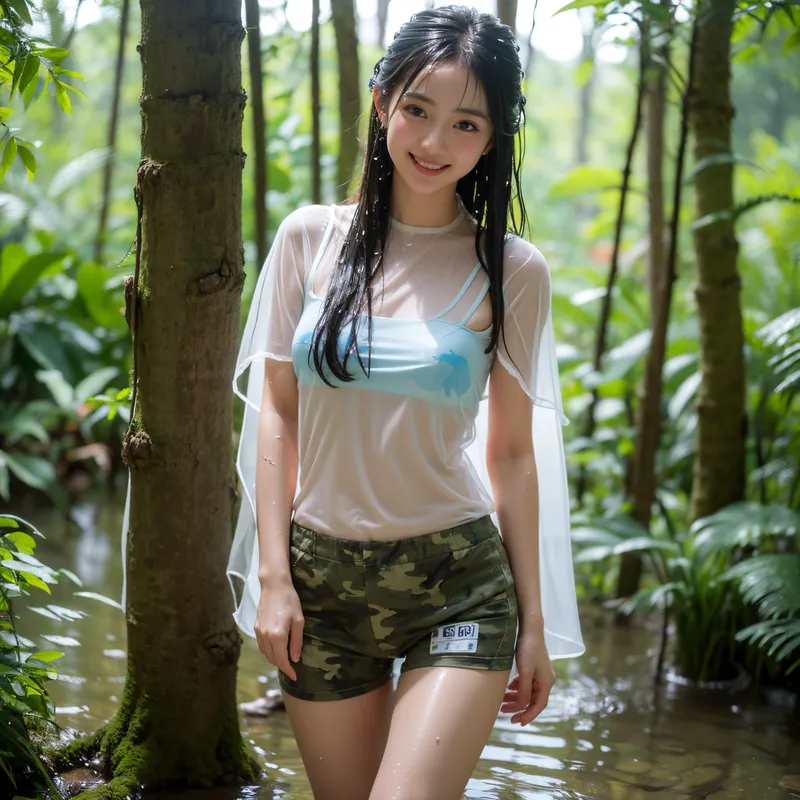 深い緑の森の中、清涼感あふれる白いシャツと迷彩柄ショーツで立つ少女のポートレート。黒髪の長髪と明るい笑顔が、自然光に照らされた屋外の風景に映えます。