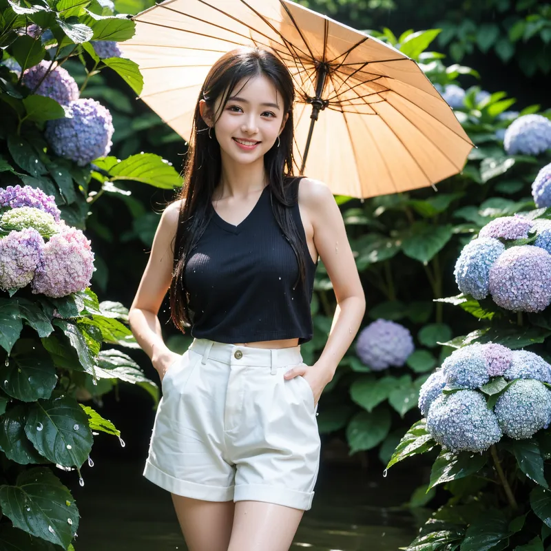 青紫色の紫陽花に囲まれた庭園で、黒髪ロングの清楚な美少女が淡色の日傘を持って微笑むアニメ調ポートレート。黒いVネックノースリーブに白いショートパンツの爽やかな初夏コーディネートが印象的です。