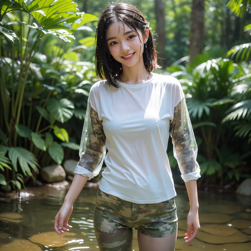 緑豊かな水辺で白いカジュアルシャツとカーキ柄パンツ姿で佇む、爽やかな表情の美少女。光りこぼれる自然環境で、親しみやすい笑顔を見せています。