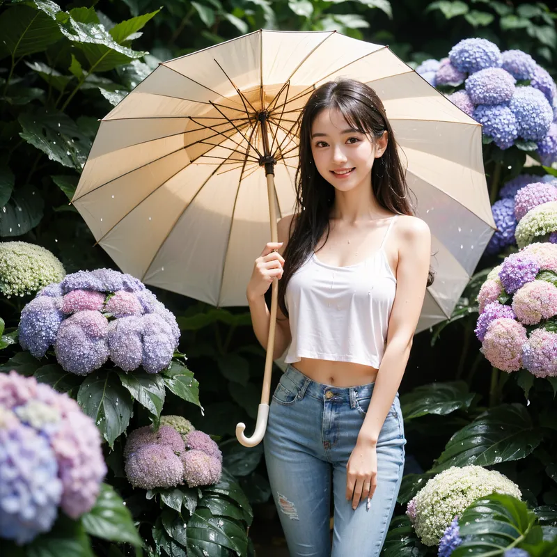 清潔感あふれる白いトップスと淡いブルーのデニムを身に纏い、ベージュの傘を持つ美少女が、紫と白に咲き誇る紫陽花に囲まれた庭園で穏やかな笑顔を浮かべています。初夏の爽やかな雰囲気が漂う屋外ポートレートです。