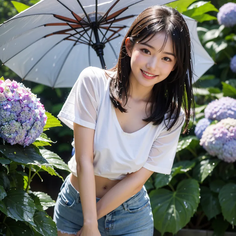 白いTシャツとデニムでカジュアルに決めた美少女が、紫色の紫陽花に囲まれた庭園で傘を差しながら爽やかに微笑んでいます。雨の日の柔らかい光と緑豊かな背景が、爽やかで優しい雰囲気を引き立てます。