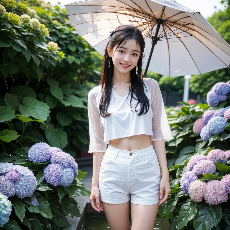 白いシャツと白いショートパンツで統一した爽やかなコーディネート、淡い紫色のあじさいに囲まれた庭園で傘を手に優雅に微笑む女性のポートレート。緑豊かな背景と柔らかな日差しが清潔で透明感のある雰囲気を引き出しています。