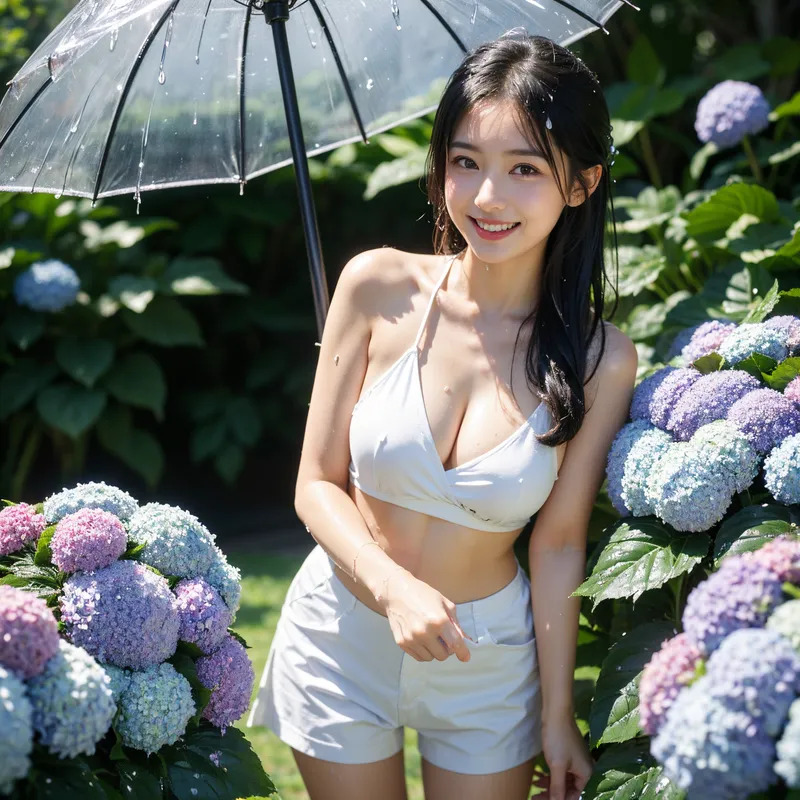 初夏の庭園で、咲き誇る紫陽花に囲まれながら透明な傘をさす女性のポートレート。白いワンピースに身を包み、爽やかな笑顔で佇む姿が印象的です。
