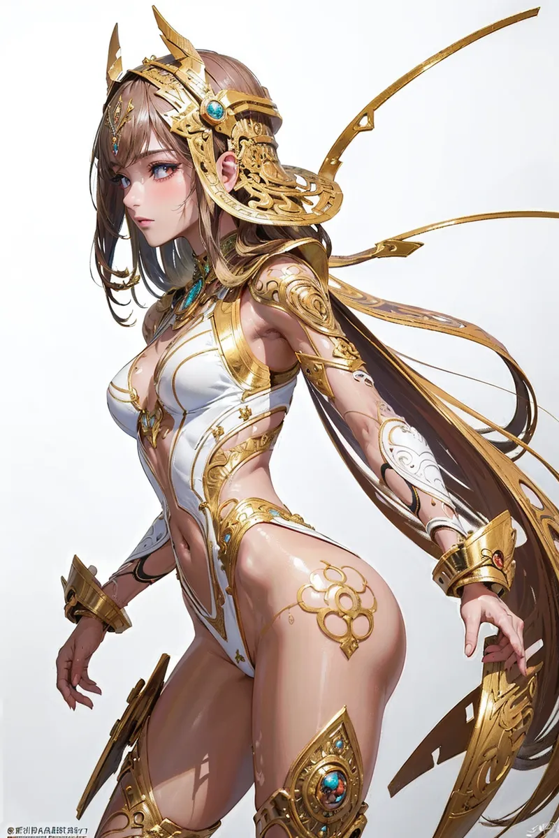 白と金色の豪華な甲冑に身を包んだ美少女戦士を、凛とした横顔で描いたファンタジーイラスト。気品漂う表情と精密な装飾が融合した幻想的な一枚です。