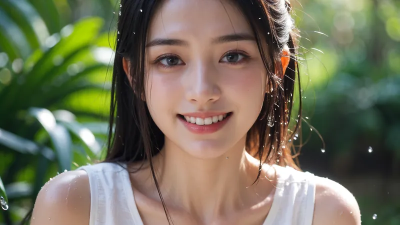 夏の屋外で、みずみずしい笑顔を見せる黒髪の少女。白いノースリーブの服装に、背景の植物の緑が映える明るいポートレート写真です。