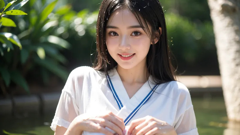 新緑に囲まれた屋外で、白いセーラー服を着た黒髪の少女が爽やかな笑顔を浮かべています。初夏の柔らかな日差しが肌に優しく当たり、清潔感あふれるポートレート作品です。